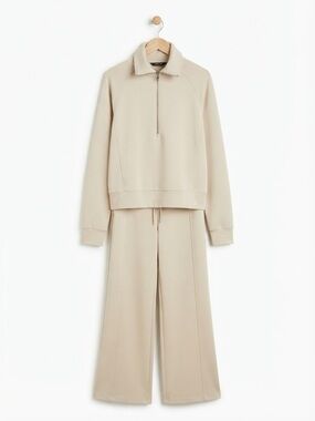 Chaps Beige Half-Zip Sweatshirt & Wide-Leg Cropped Pants Lounge Set, Size XL/L